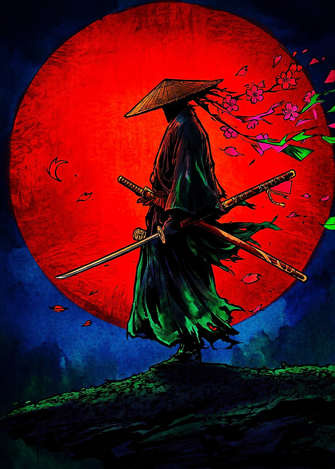 Samurai Silhouette Against Red Moon