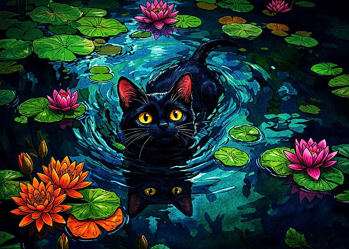 Black Cat Swimming in Lotus Pond