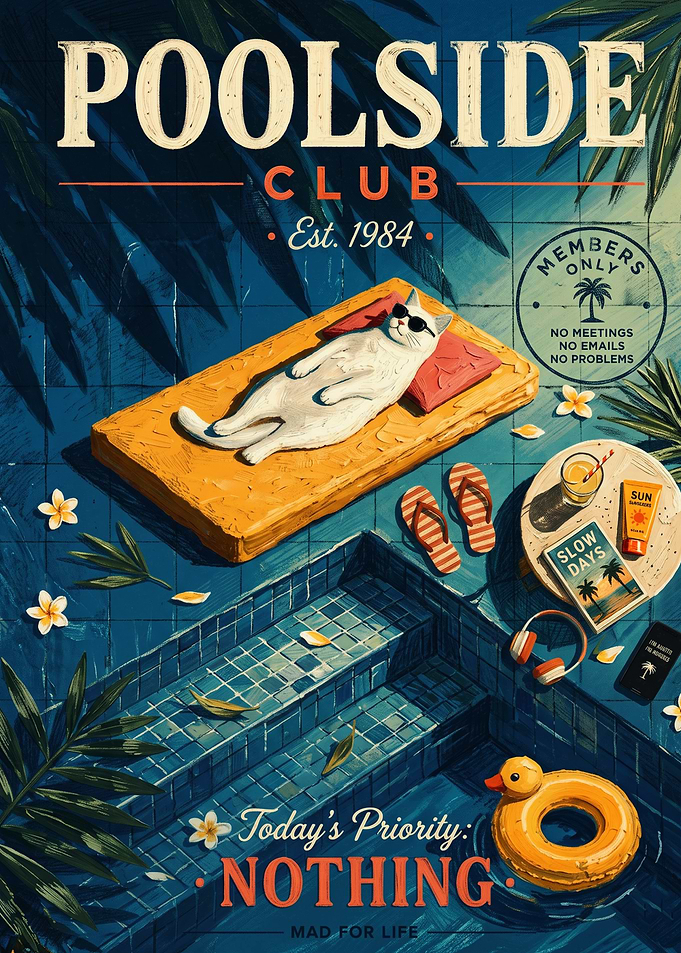 Poolside Cat Summer Club Vintage Art Style
