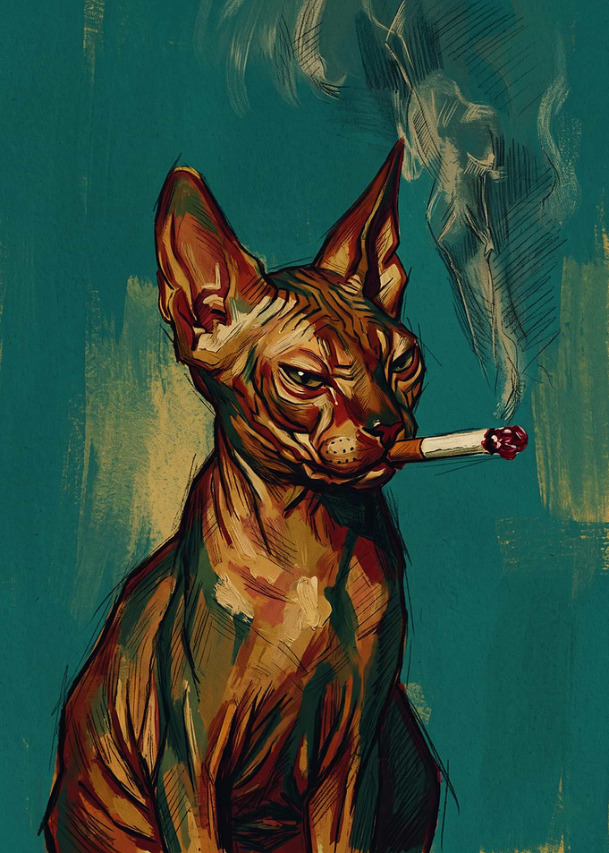 Smoking Sphynx Cat Print Cats Painting Textured Brush