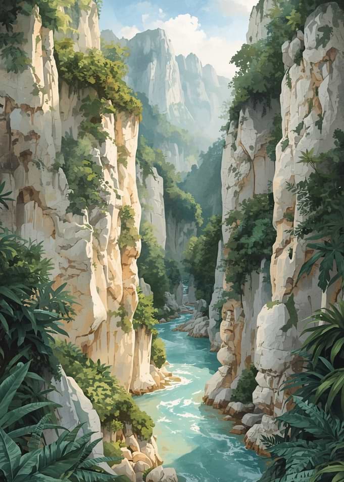 Serene River Through Limestone Canyon