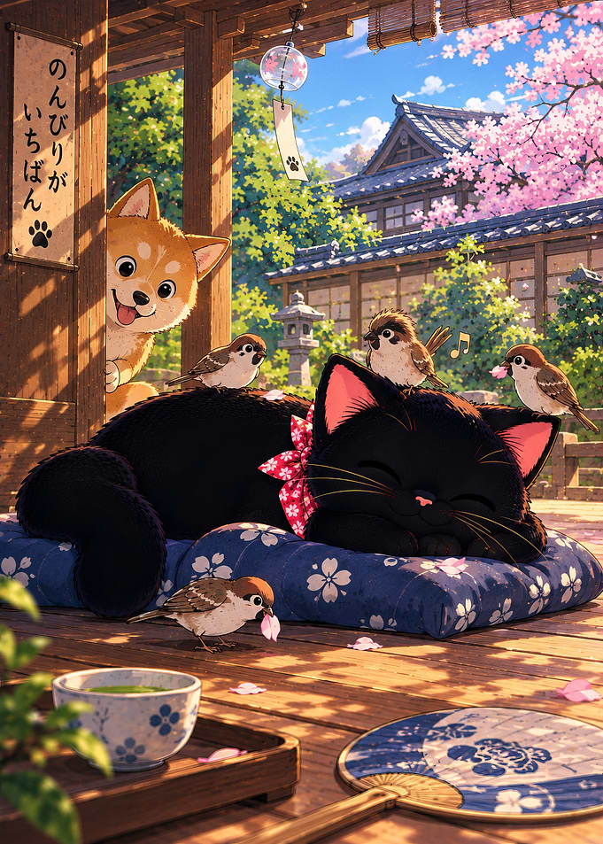 Peaceful Japanese Garden Scene with Animals