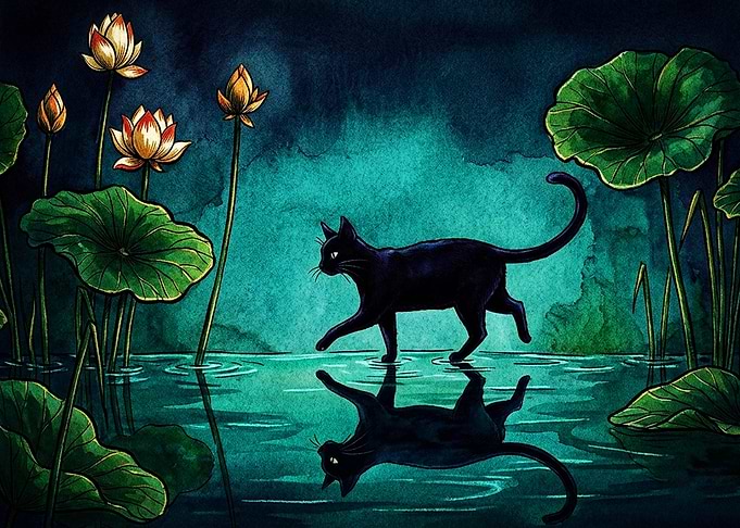 Black Cat Walking on Water