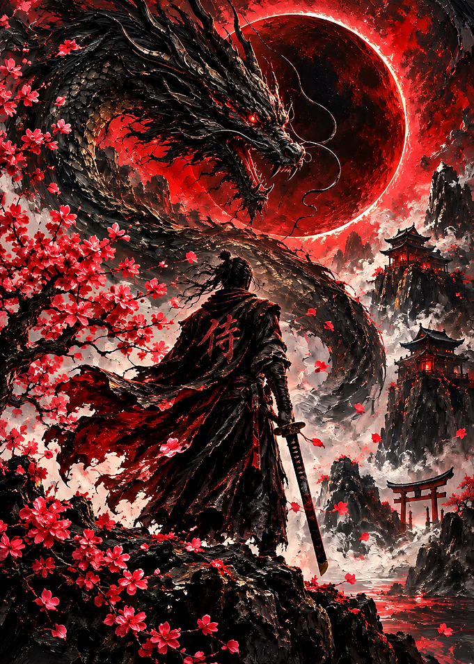 Samurai and Dragon Under Red Moon
