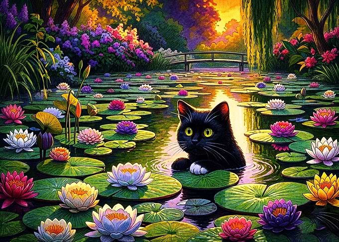 Black Cat in Lotus Pond
