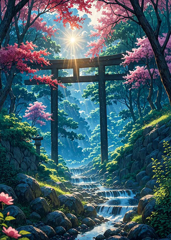 Serene Torii Gate and Forest Stream Sakura Cherry Blossom