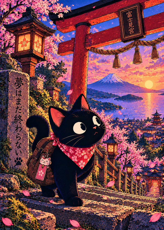Black Cat at Japanese Temple Sunset