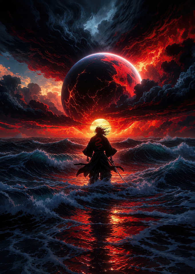 Samurai Standing Before Red Celestial Body