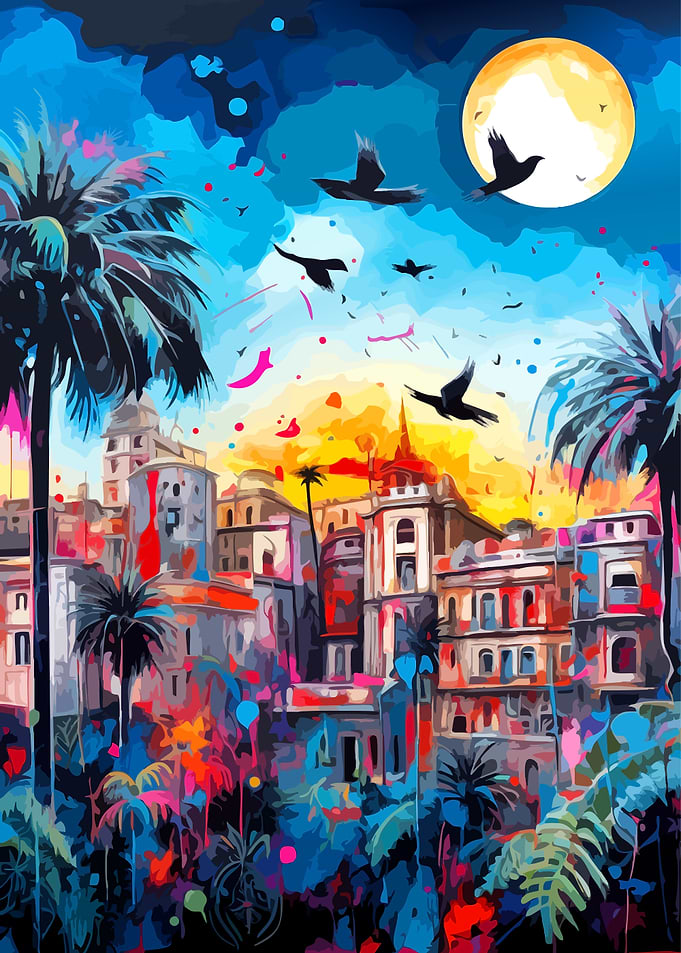 Vibrant Tropical Cityscape Under Moon