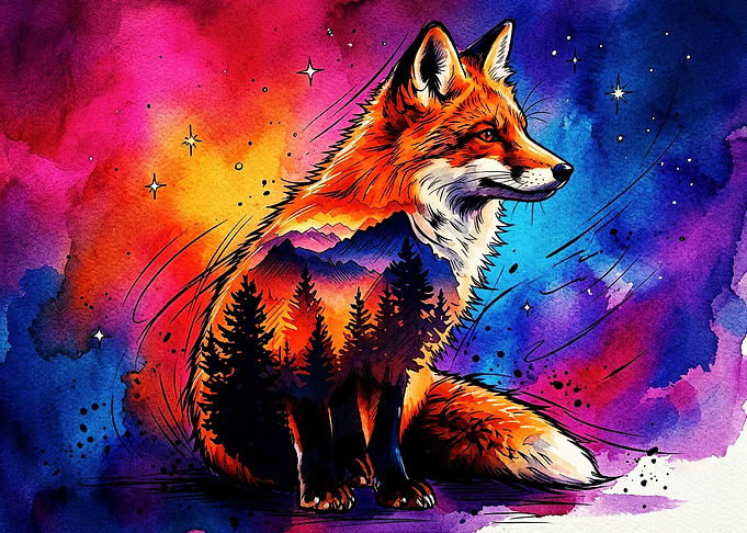 Watercolor Double Exposure Fox Art