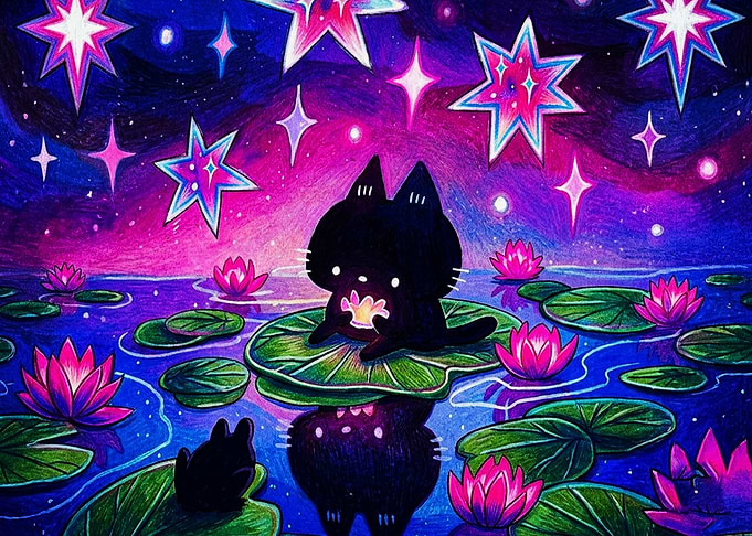 Cute Black Cat on Lily Pad