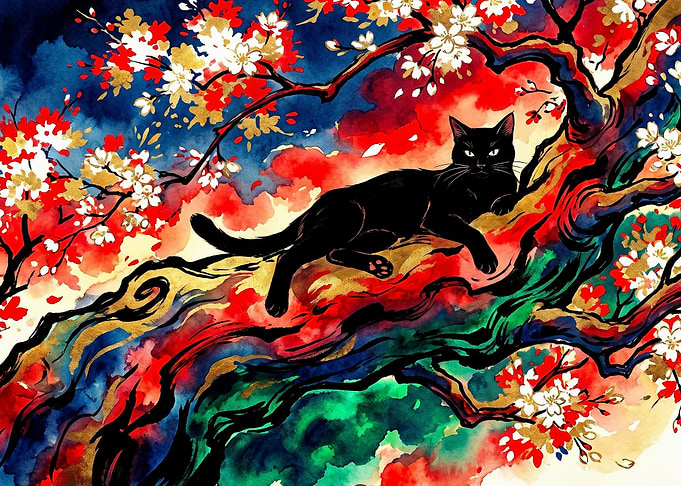 Black Cat in Cherry Blossom Tree