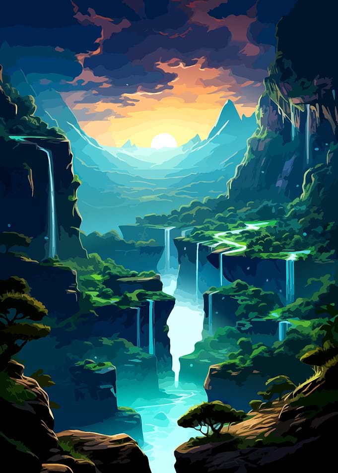 Ethereal Waterfall Valley at Sunset