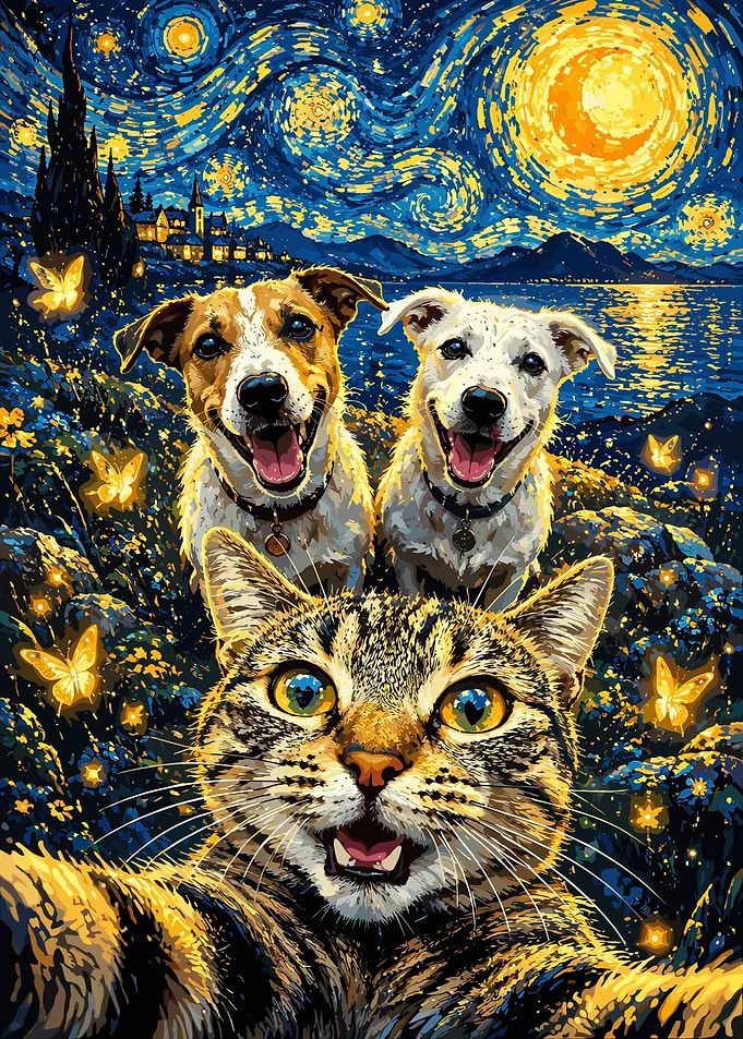 Cat and Dogs Starry Night Selfie