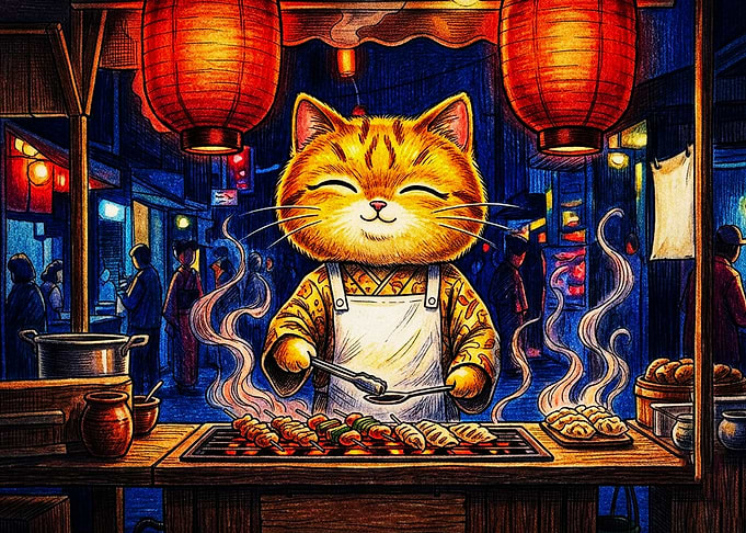 Cute Cat Chef Grilling Street Food