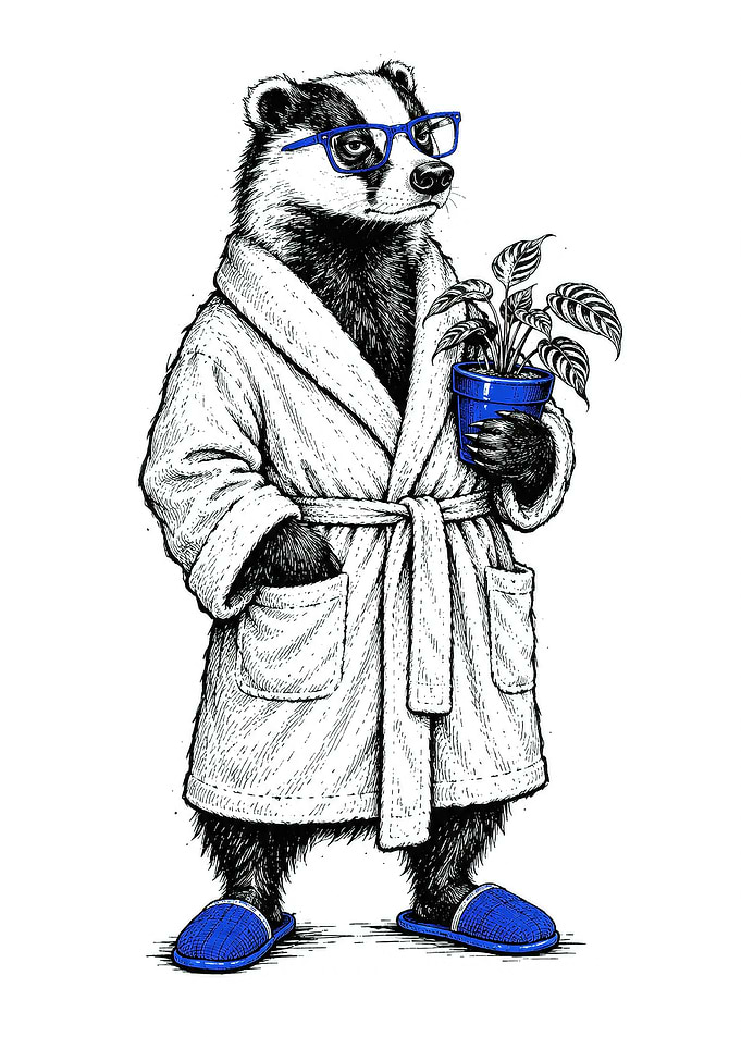 Badger in Bathrobe with Plant