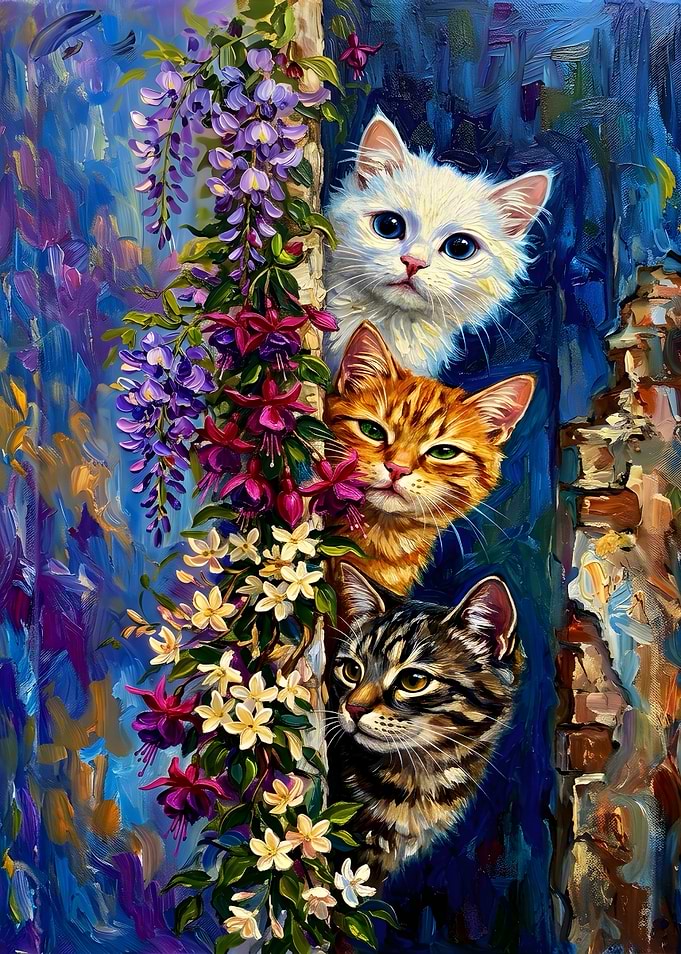 Three Cats Peeking Through Flowers