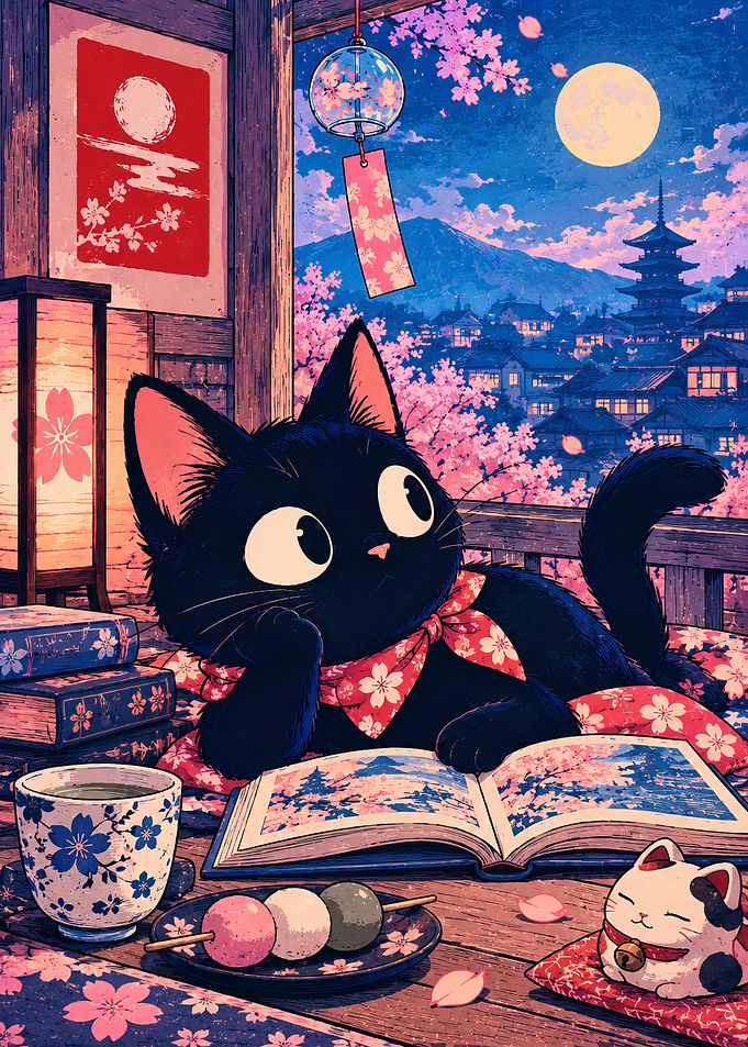 Black Cat Reading Under Cherry Blossoms