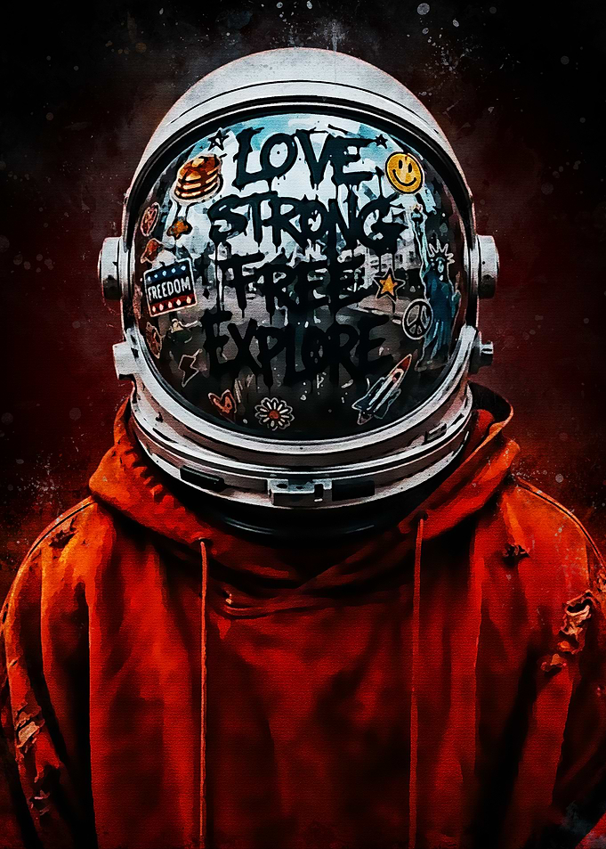 Astronaut in Red Hoodie with Stickers