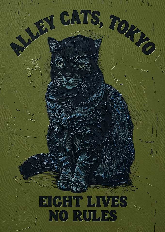 Alley Cat Tokyo Poster Textured Oil Painting Style