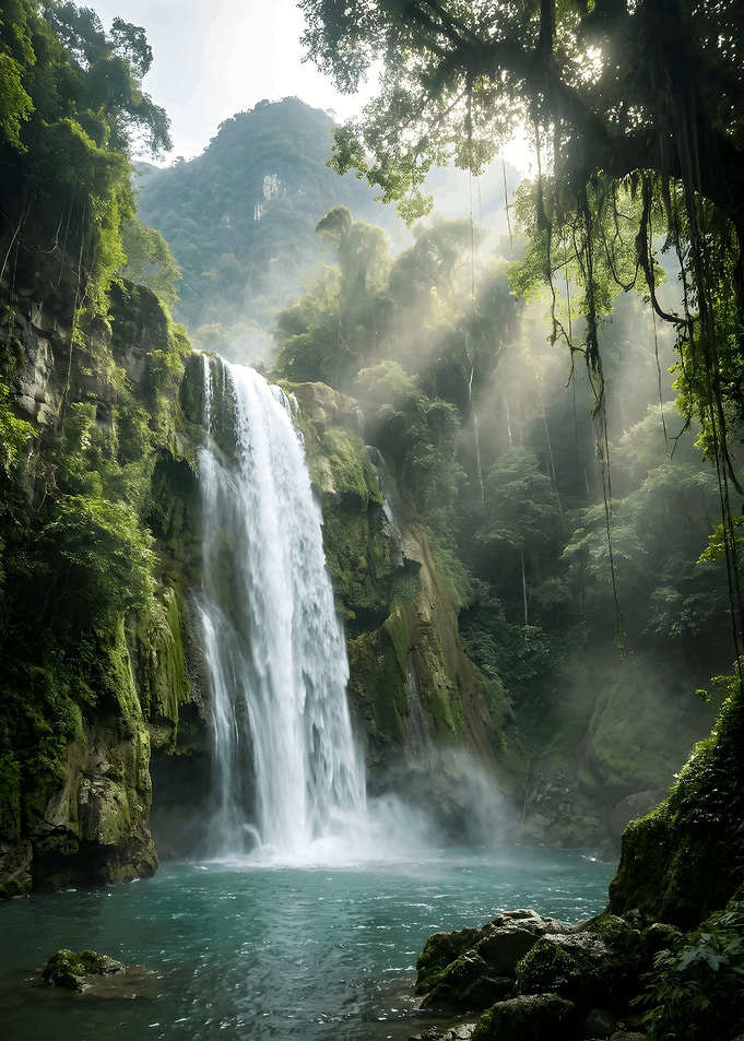 Majestic Tropical Waterfall in Lush Jungle