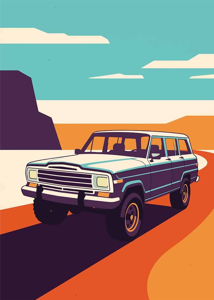 Vintage SUV Desert Road Illustration
