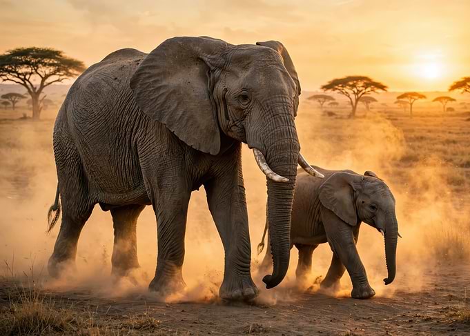 Elephant Mother and Calf at Sunset