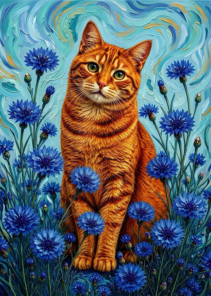 Ginger Cat in Blue Cornflower Field