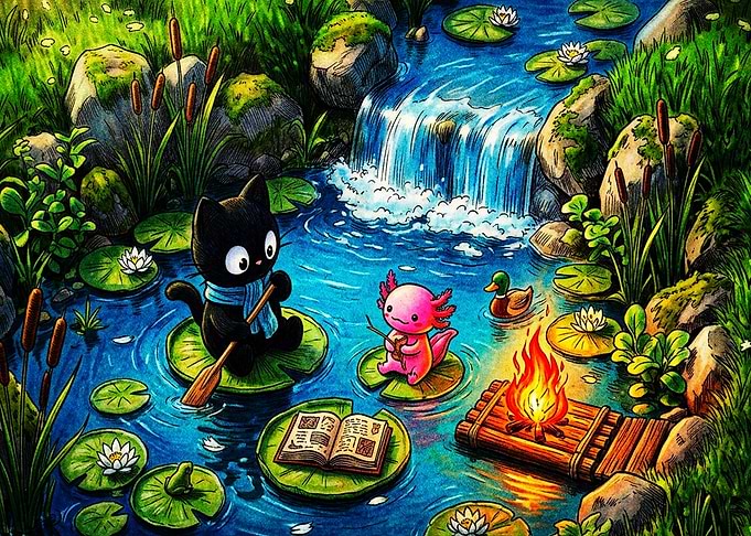 Cute Cat and Axolotl Pond Adventure