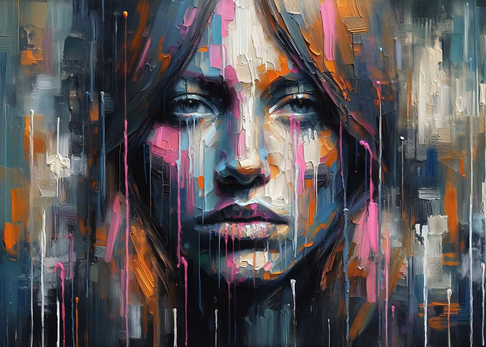 Melancholy Rain - Vivid Abstract Impasto Oil Portrait of a Woman