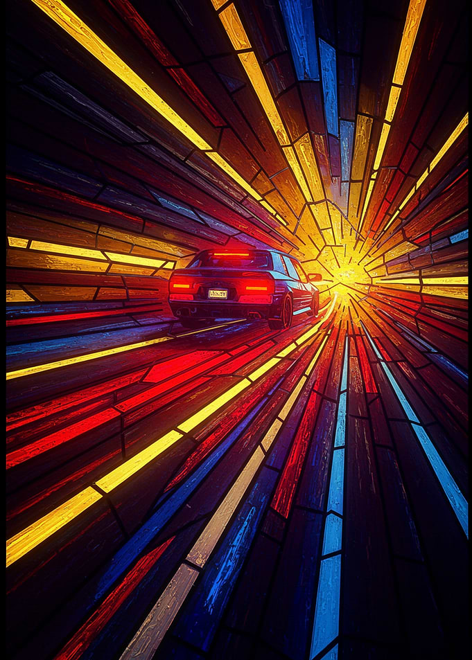 Car Driving Through Neon Tunnel