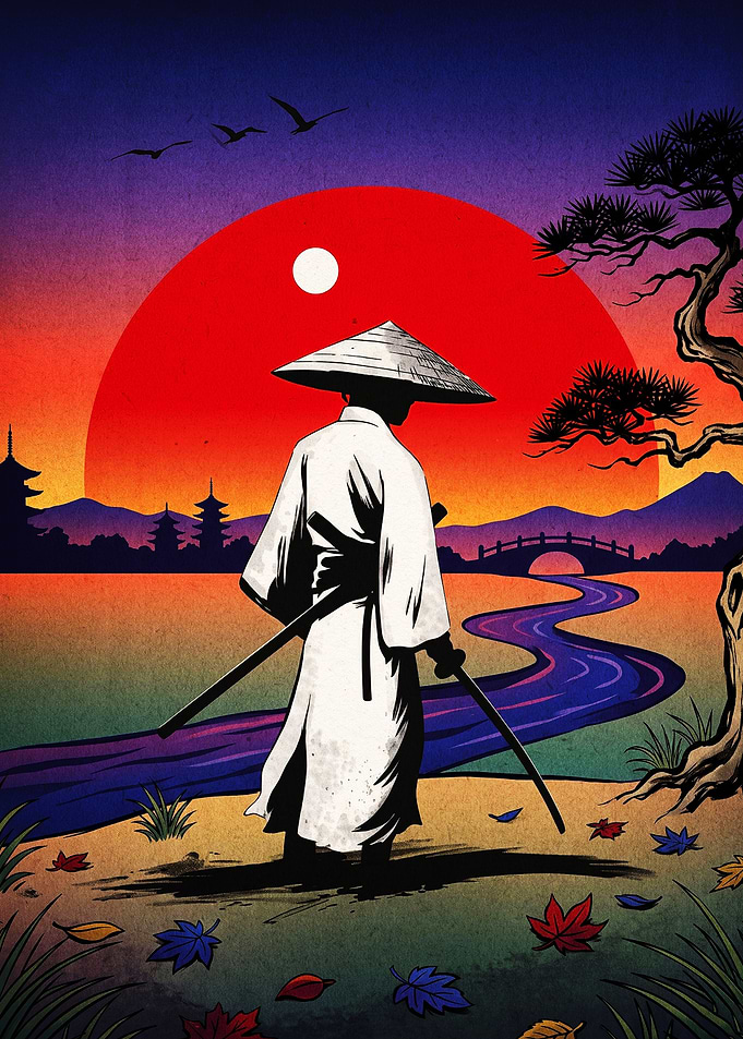 Samurai Standing Before Sunset Landscape