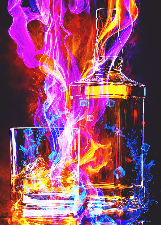 Bottle and Glass with Fire