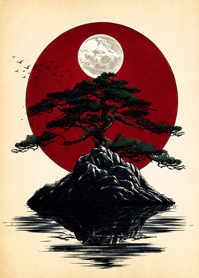 Bonsai Tree Under Red Moon