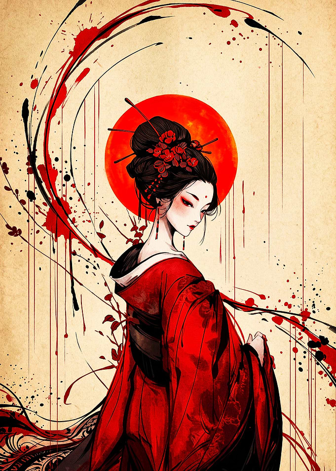 Elegant Geisha with Red Sun