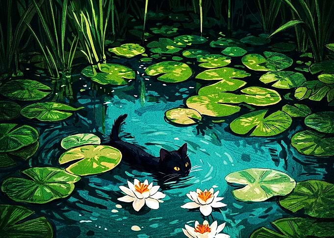 Black Cat Swimming in Lily Pond