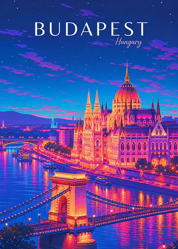 Budapest Hungary Night Travel Poster