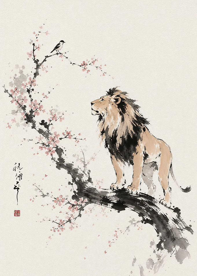 Lion and Bird on Cherry Blossom