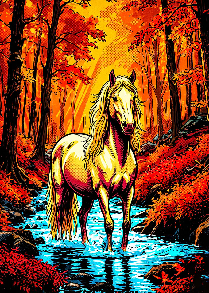 Horse Autumn Stream Retro Art