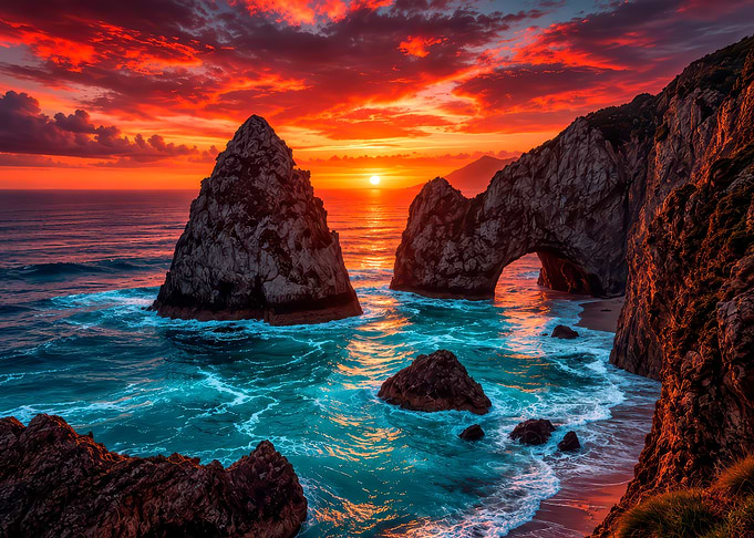 Dramatic Sunset Over Coastal Sea Arch