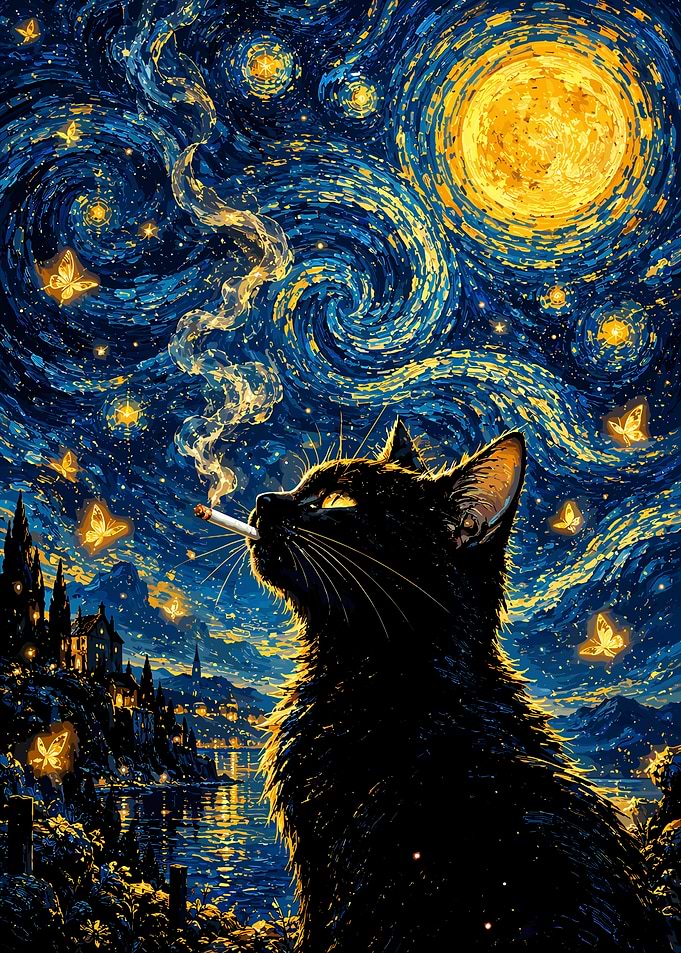 Black Cat in Starry Night