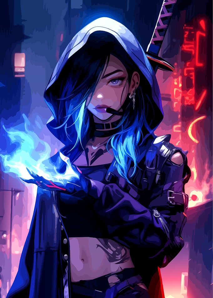 Cyberpunk Anime Girl with Blue Fire