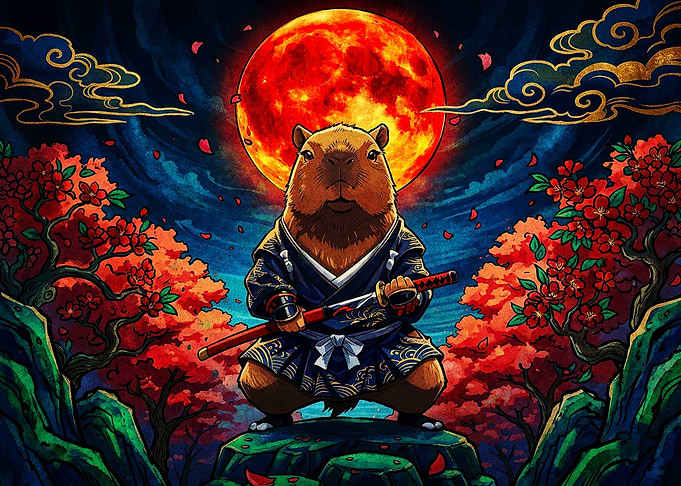 Samurai Capybara Under Blood Moon