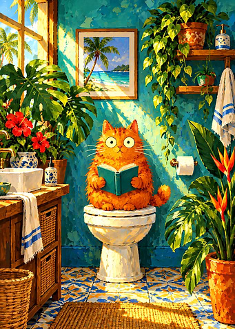 Funny Orange Cat Reading on Toilet