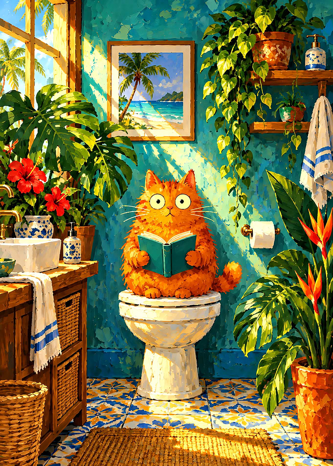 Funny Orange Cat Reading on Toilet
