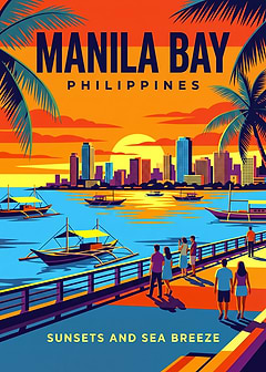 Manila Bay Philippines Travel Poster — retro travel art printed on metal