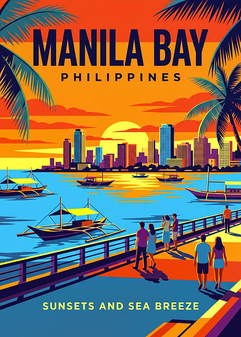Manila Bay Philippines Travel Poster — retro travel art printed on metal