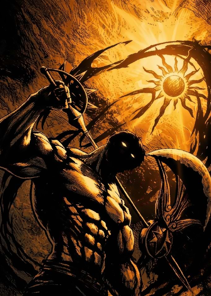 Muscular Warrior with Sun Symbol