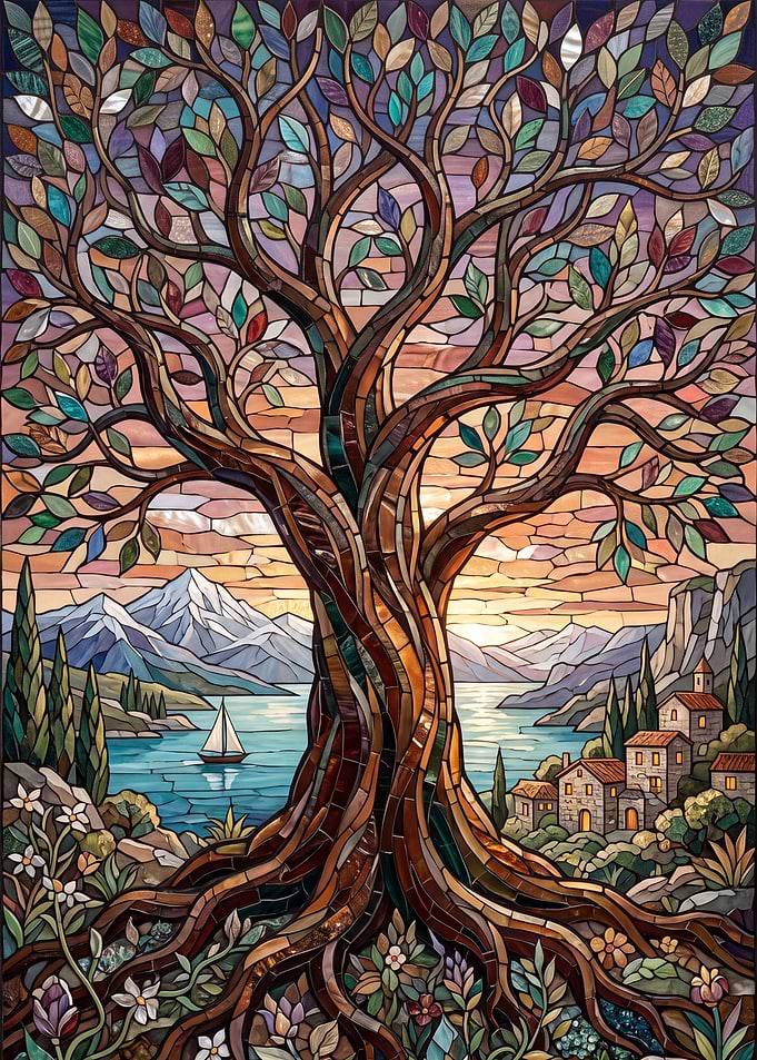 Stained Glass Mosaic Tree Landscape