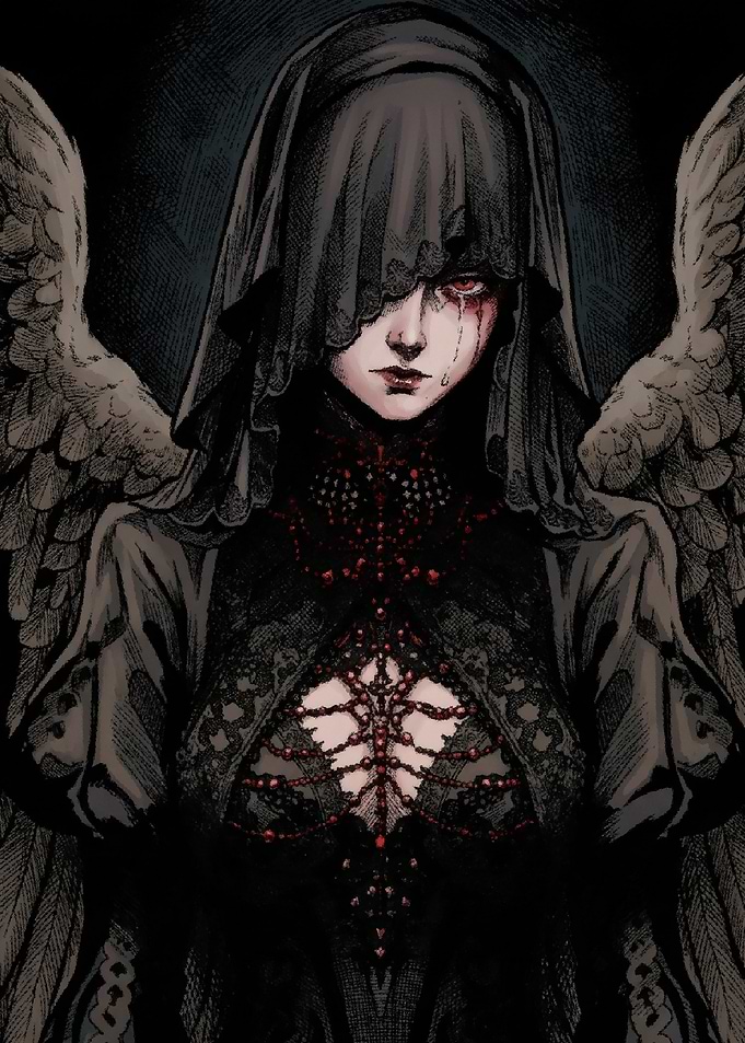 Weeping Fallen Angel in Black Lace